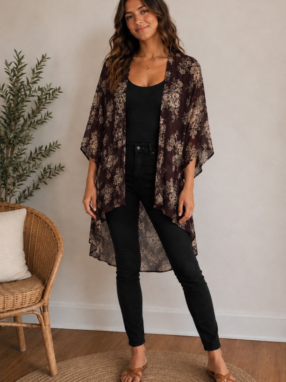 torrid Plum Floral Kimono with Cream Flowers